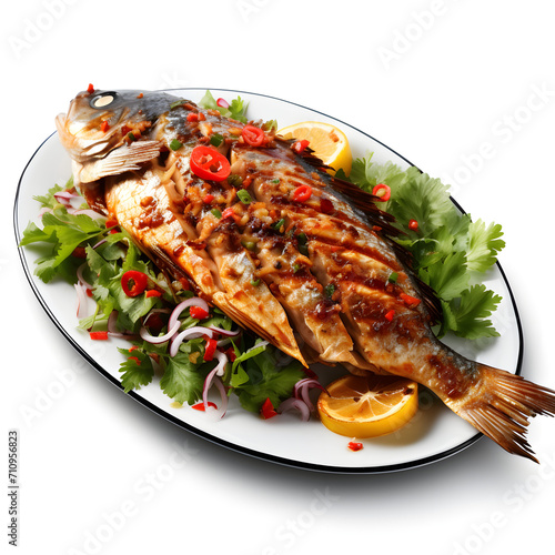Delicious Grilled Fish with chili sauce on a plate, with vibrant color, isolated on white