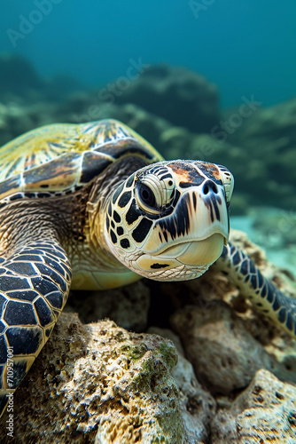 Portrait of an old sea turtle swimming in the ocean