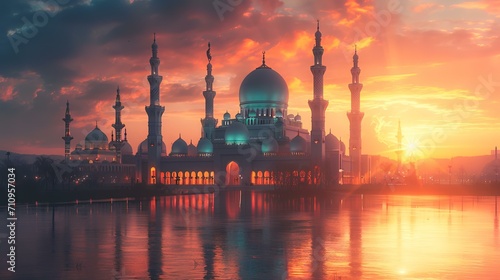 Fotografie, Obraz Beautiful sunset over the mosque in Abu Dhabi, United Arab Emirates