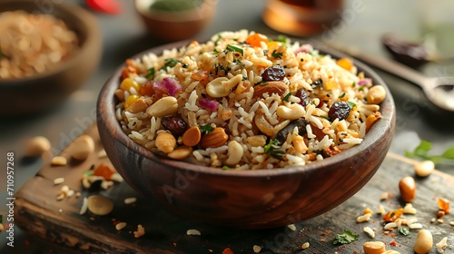 Delicious pilaf with nuts in a bowl on wooden table, closeup photo