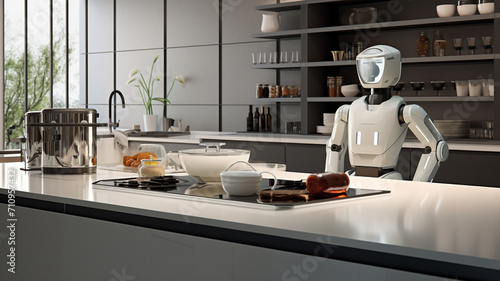  humanoid robot working in the kitchen with modern furniture. generativa IA