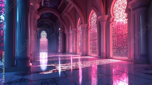 3D rendering of the interior of the mosque in the neon light