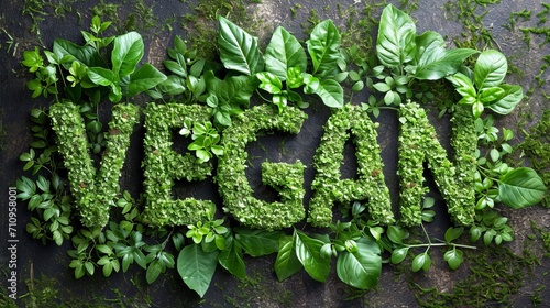 The inscription "VEGAN" made of fresh green leaves on a dark background. Concept: visual content for blogs and stores specializing in organic products
