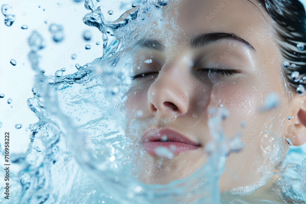 High angle view of woman relaxing in clear blue water with closed eyes. Female face out of water. Beautiful woman face under water. Beauty and fashion concept.