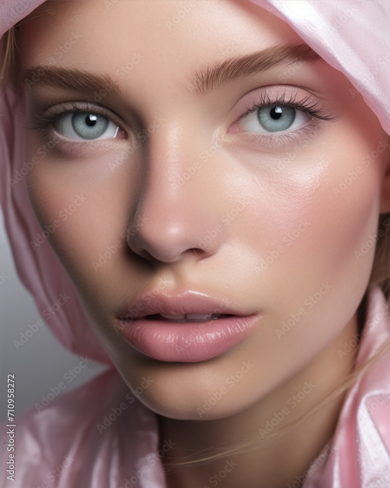 Young model's face in daylight. Natural makeup effect of wet skin. Young model's face in daylight. Natural makeup effect of wet skin.