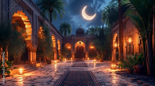 Ramadan Kareem's background with mosque, lanterns, and crescent moon