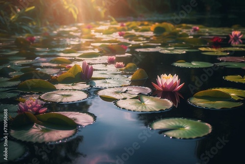 Explore serene beauty of a shimmering lake adorned with intricate water lilies and captivating ultra-wide bokeh depth of field. Generative AI photo