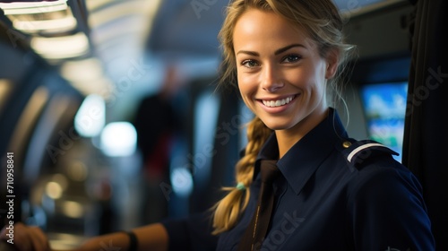 portrait of a beautiful blonde female pilot smiling