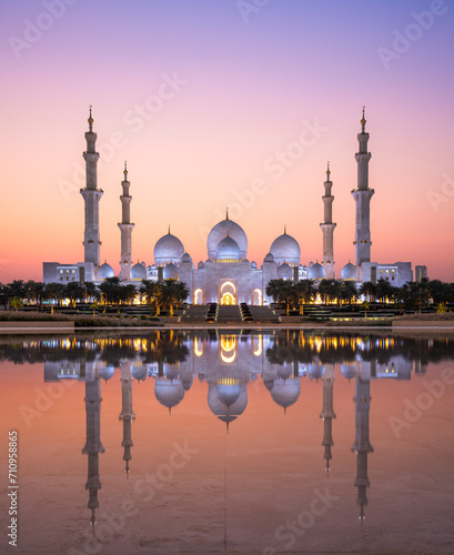 Sunset Reflection of Grand Mosque on Tranquil Waters