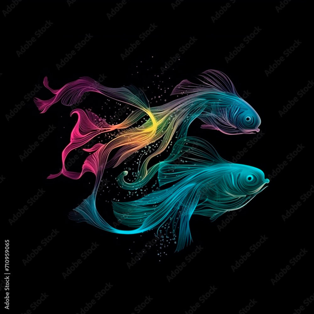 Two neon aquarium fish with long rainbow tails on a black background, graphic illustration for t-shirt, cap, textile design Two neon aquarium fish with long rainbow tails on a black background, graphic illustration for t-shirt, cap, textile design