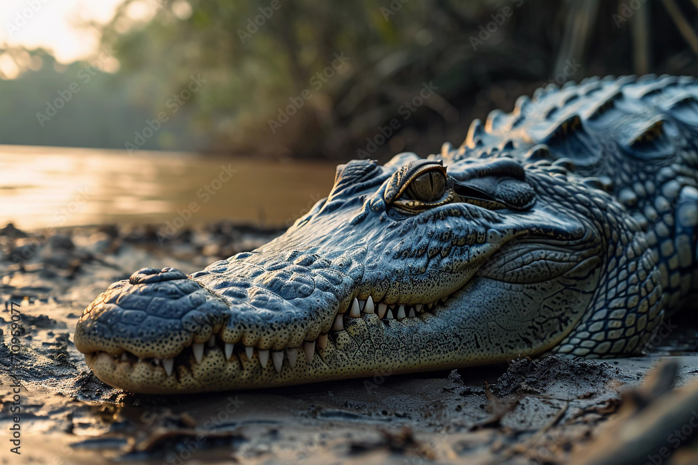 Fototapeta premium Closeup photo of a huge alligator crawling on the ground