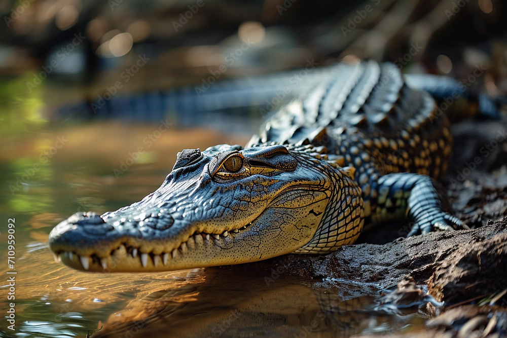 Closeup photo of a huge alligator crawling on the ground