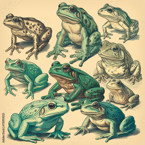 Many frogs, different colors and species, vintage postcard style, retro zoological guide page photo