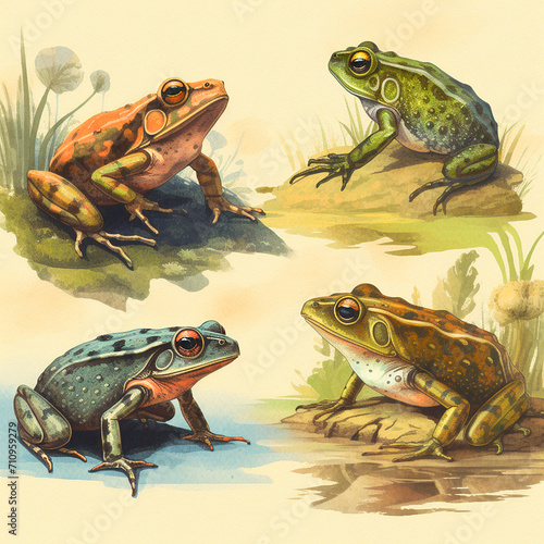 Many frogs, different colors and species, vintage postcard style, retro zoological guide page photo