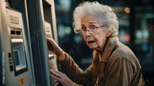 Confused Senior Woman in Front of an ATM. Elderly People Who Do Not Adapt to New Technologies. Generative AI.