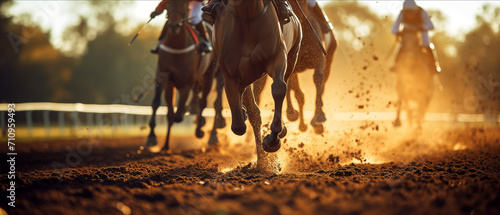 Equestrian Power and Speed: Horse Racing in the Golden Light of Sunset, Capturing the Essence of Competition