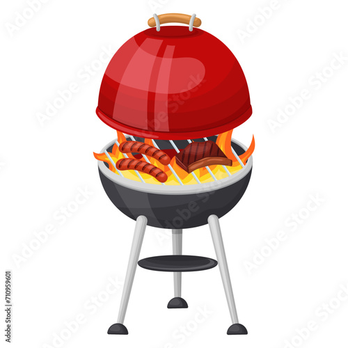 Cooking sausages and meat on a flaming grill . Vector illustration on a white background