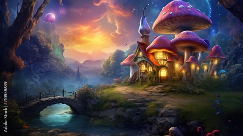 Enchanted fairy tale landscape with magical mushrooms house. Fantasy and imagination.