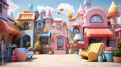 Small pastel-colored cartoon town with blue sky