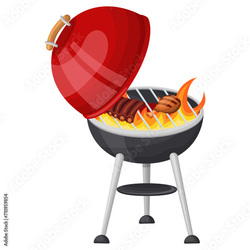 Cooking meat on bones and chicken on a flaming grill with an open lid. Vector illustration on a white background
