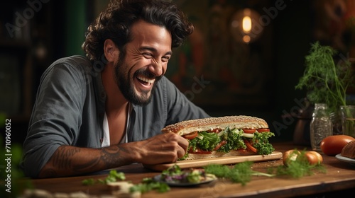 Laughing man with a big sandwich