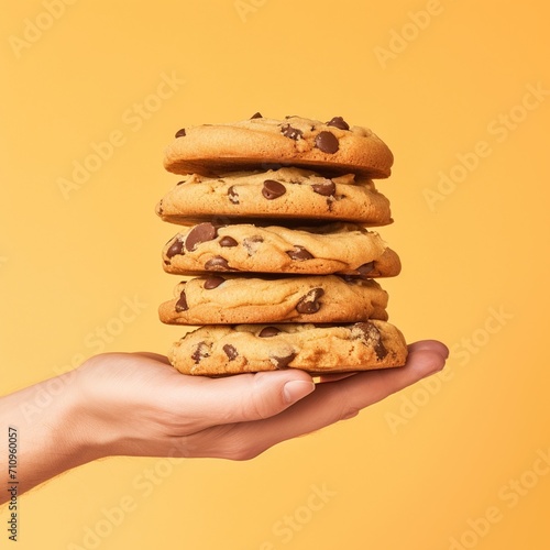 A hand holding a stack of chocolate chip cookies