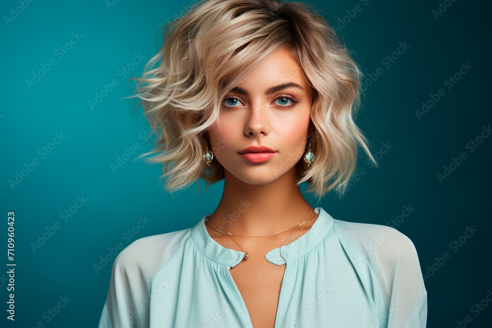 Girl model in light blue blouse on blue background. Short haired blonde. Close-up of caucasian young cute girl. Girl model in light blue blouse on blue background. Short haired blonde. Close-up of caucasian young cute girl.
