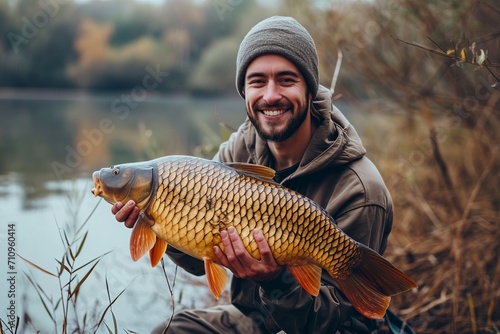 A man fisherman with a huge carp fish in his hands against the backdrop of nature.