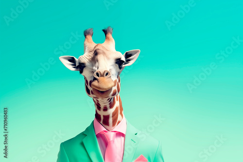 Stylish portrait of  Humor giraffe with glasses and vibrant blue suit on blue sky background. Funny pop art. The concept of a joke of fashion and style. © Vero