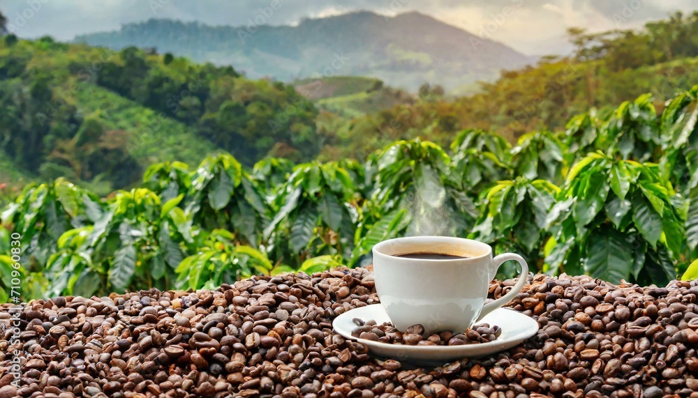 cup of coffee with beans against coffee field with copy space cup of coffee with beans against coffee field with copy space