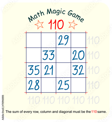 Magic math game. (Magic square)  Recreational mathematics and educational series vector illustration.