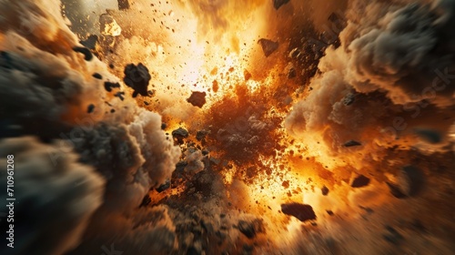 A powerful explosion with stones and fire flying in different directions