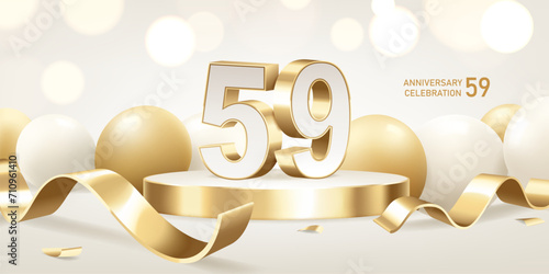 59th Anniversary celebration background. Golden 3D numbers on round podium with golden ribbons and balloons with bokeh lights in background.