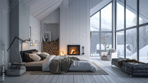 Scandinavian Bedroom In A Luxurious Cottage House. Generative AI photo