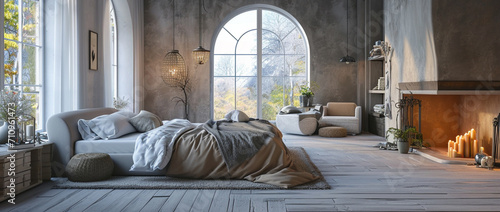 Scandinavian Bedroom In A Luxurious Cottage House. Generative AI © Witri