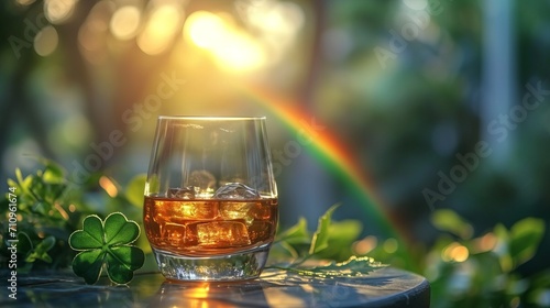 A glass of whiskey or scotch with a shamrock and rainbow.  photo