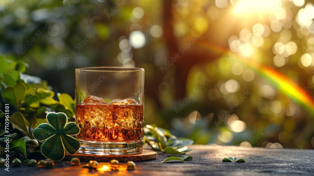 A glass of whiskey or scotch with a shamrock and rainbow. A glass of whiskey or scotch with a shamrock and rainbow.