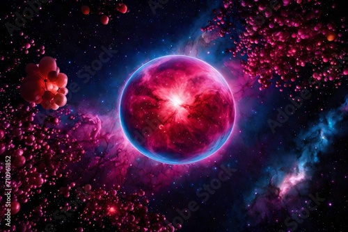 Position a neon cherry against a cosmic nebula background  where swirling gases and vibrant celestial elements enhance the fruit s visual impact. 