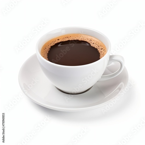 White ceramic cup full of black coffee on a white saucer