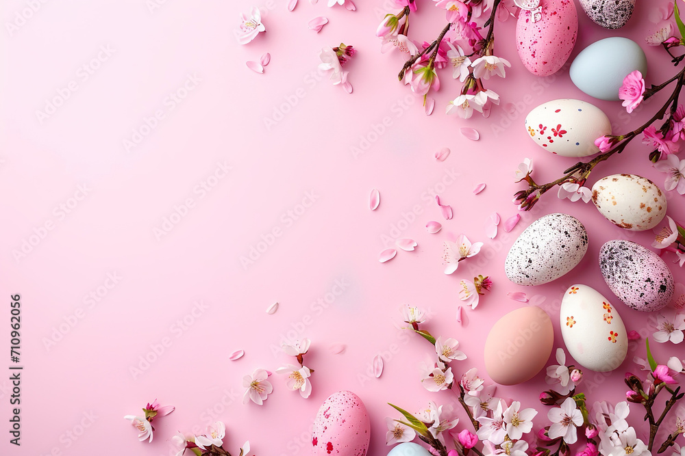 Frame of small and big Easter eggs, bunnies and sakura flowers on pink background. Easter card with copy space