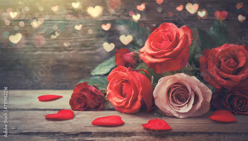Valentine Roses with hearts on a wooden background; vintage toning and free space for text, selective focus, soft blur, defocus concept greeting card love day