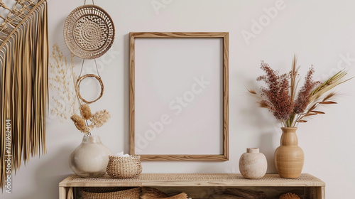 Beige boho interior of living room with mock up poster frame, elegant accessories. Generative AI photo