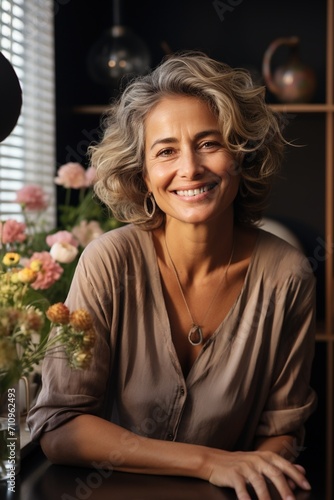 Portrait of a smiling middle-aged woman with short gray hair © duyina1990