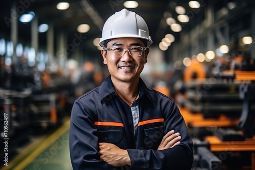 Portrait of a smiling Asian male engineer wearing a hard hat in a factory photo