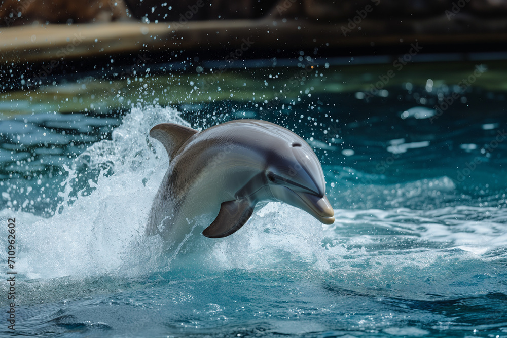 Obraz premium Capturing the elegance of a dolphin jumping out of the water in the ocean. one of jumping dolphins,beautiful seascape with deep ocean waters and cloudscape.