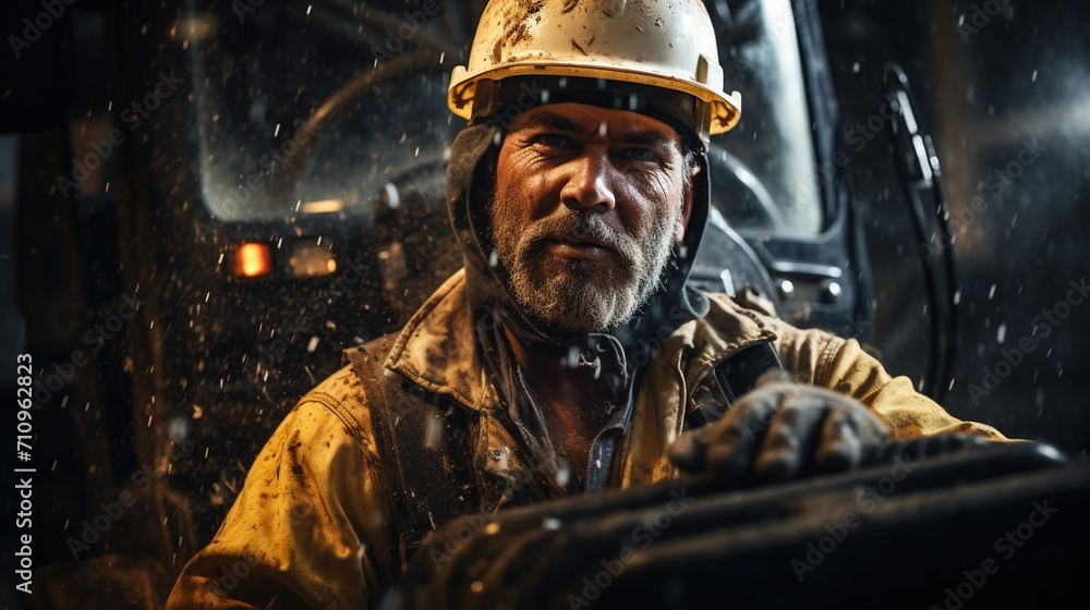 Portrait of a male miner wearing a hard hat and protective gear in a dark mine Portrait of a male miner wearing a hard hat and protective gear in a dark mine