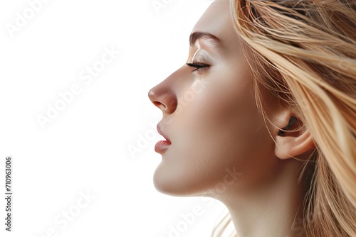 Woman profile with blonde hair on white background