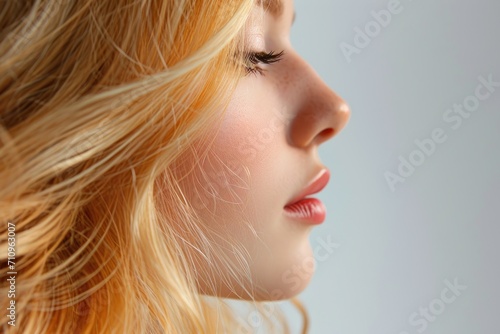 Woman profile with blonde hair on white background