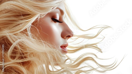 Woman profile with blonde hair on white background photo