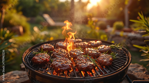 Spicy spare ribs, assorted veggies and chicken drumsticks grilling on a portable barbecue outdoors in a spring meadow with dandelions in a panorama format photo